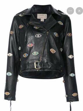 ISO!! Nicole Miller Evil Eye Black Leather Moto Jacket